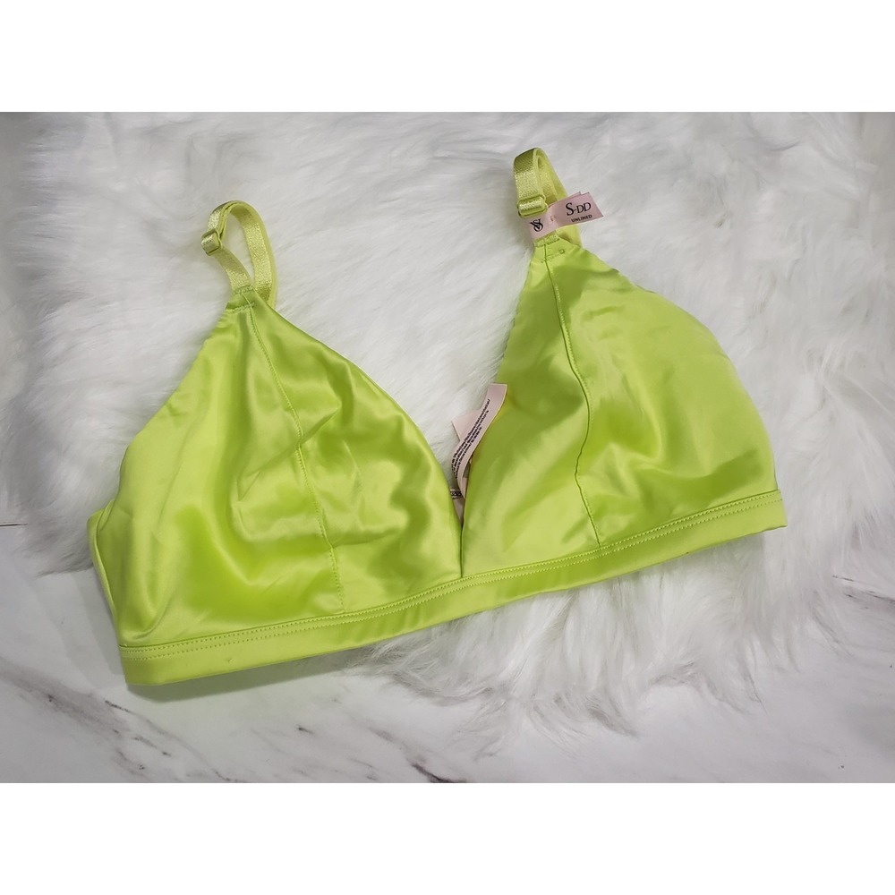 NEW S - DD Victorias Secret TEASE Wireless Triangle Bralette Neon Green Satin